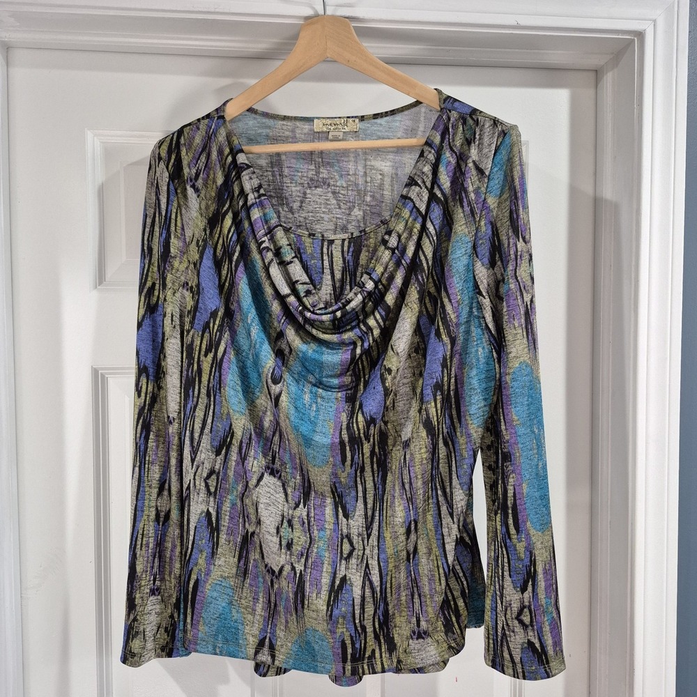 One World Top Womens 1X Multicolor Peacock Slinky Knit Cowl‎ Neck Office Travel
